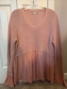 Altar’d State Blush Pink V-Neck Knit Top with Chiffon Hem
